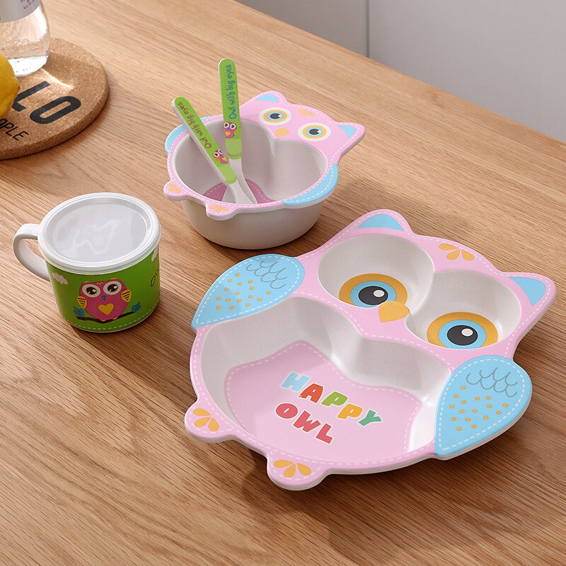 Baby Servies Mooie Cartoon Kinderen Voeden Gerechten Kids Schotel Bamboevezel Servies Set Met Kom Vork Cup Lepel Plaat 5 stuks