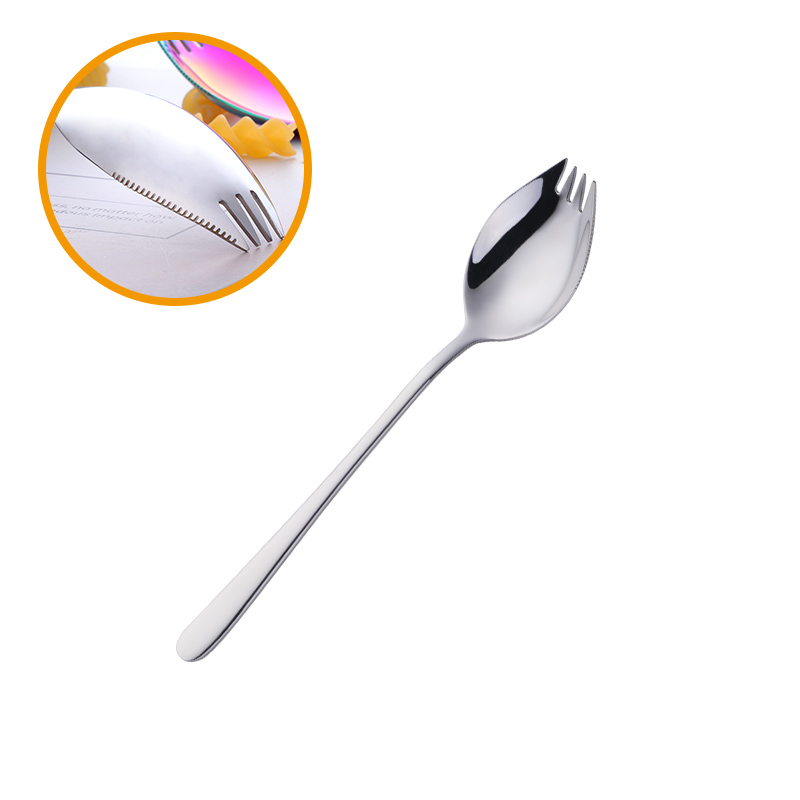 Ske gaffel genanvendelig langt håndtag salat ske rustfrit stål 3 in 1 dessert gaffel skeer servise: Sølv