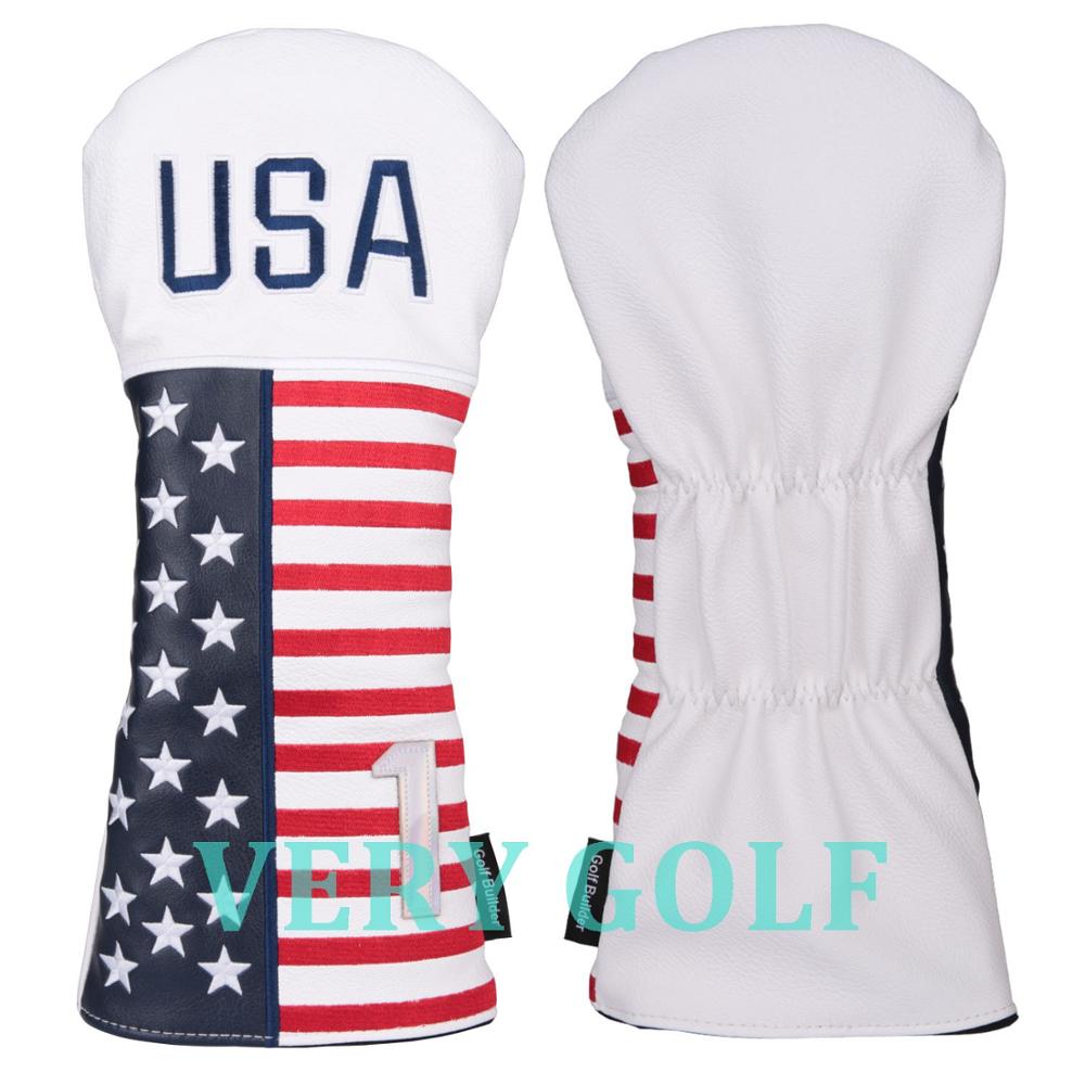 White PU Leather with USA Stars & Strips Embroidery Golf Club Driver Fairway Wood Hybrid Head Cover Golf #1 #3 #5 UT Headcover: 1 cover