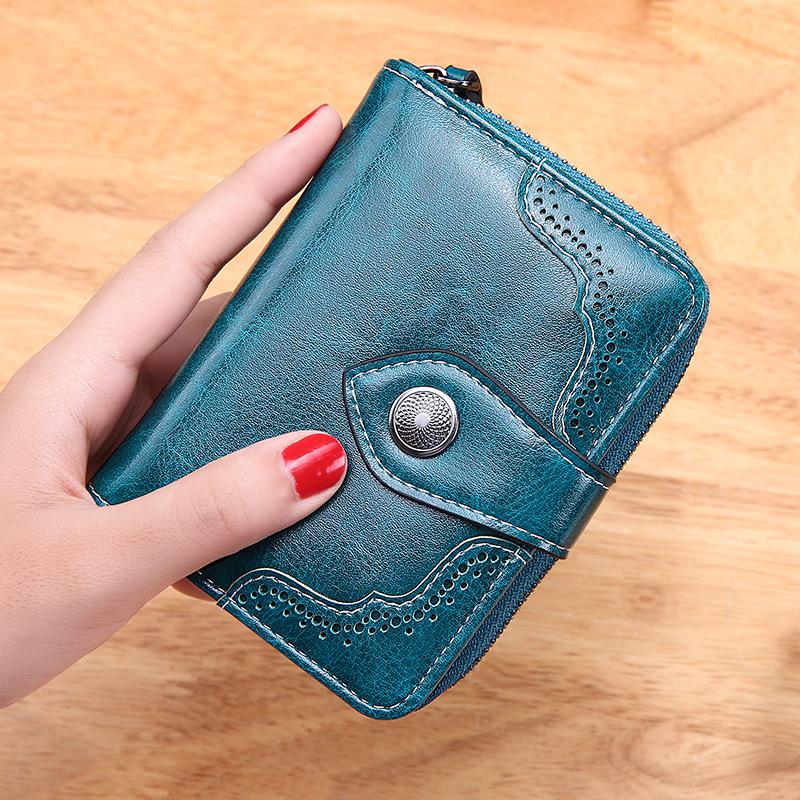 Portemonnee Vrouwen Portemonnee Olie Wax Lederen Hasp Rits Portemonnee Clutch Coin Card Houders Portemonnee Portfel damski: Blue