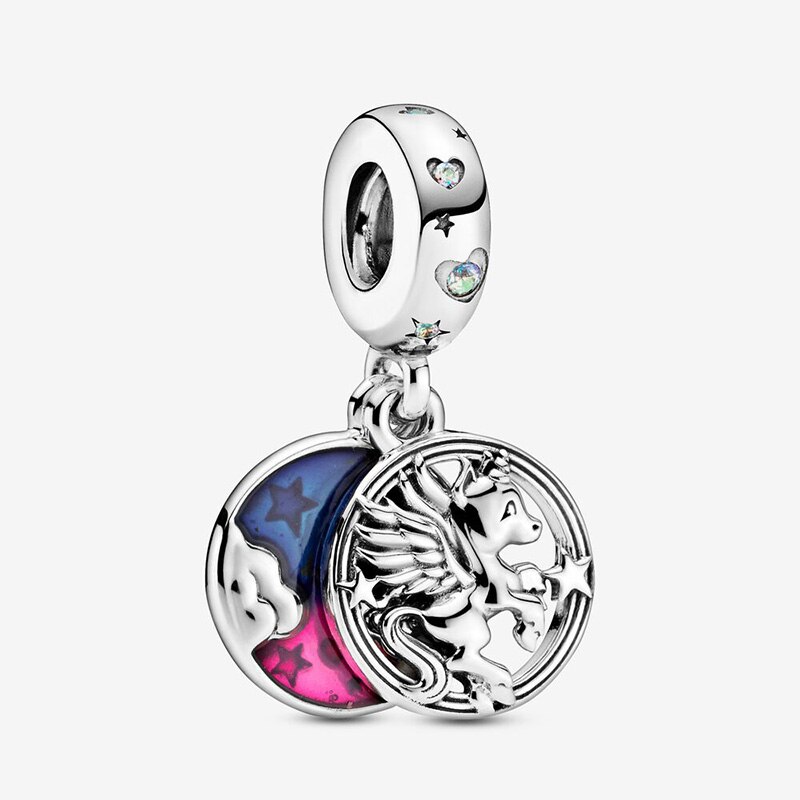 925 Sterling Silver Eye&Heart Beads Magical Unicorn Double, Hamsa Hand Dangle Charm Fit Original Bracelet Women DIY Jewelry: PD676