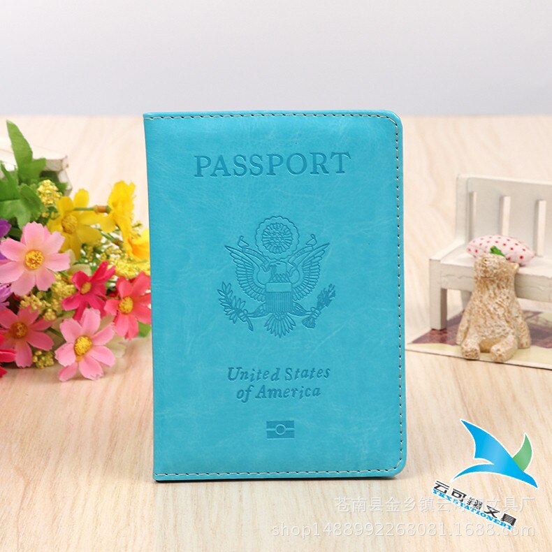 Pu leather USA Passport Cover Women Soft Leather Passaporte Case Travel wallet Passport Holder Document Organizer: Sky Blue