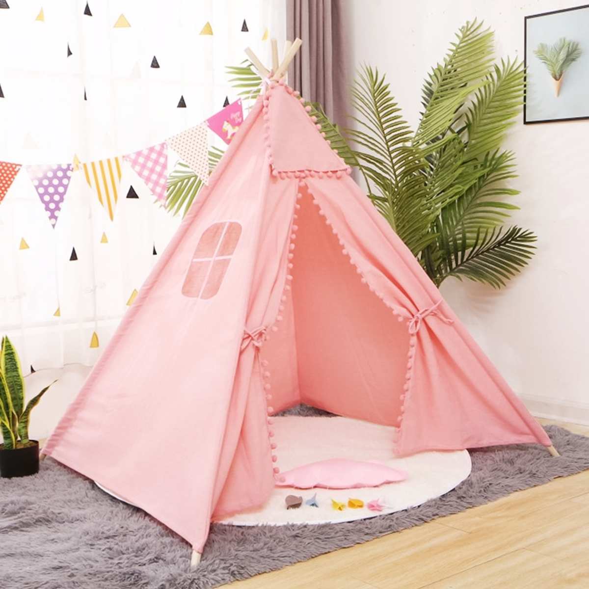 1.3M-1.6M Baby Tents Teepee Triangle Tent Kids Playhouse Cotton Canvas Pretend Play Tent Decoration Game House Boy Girls: Pink / 1.3M