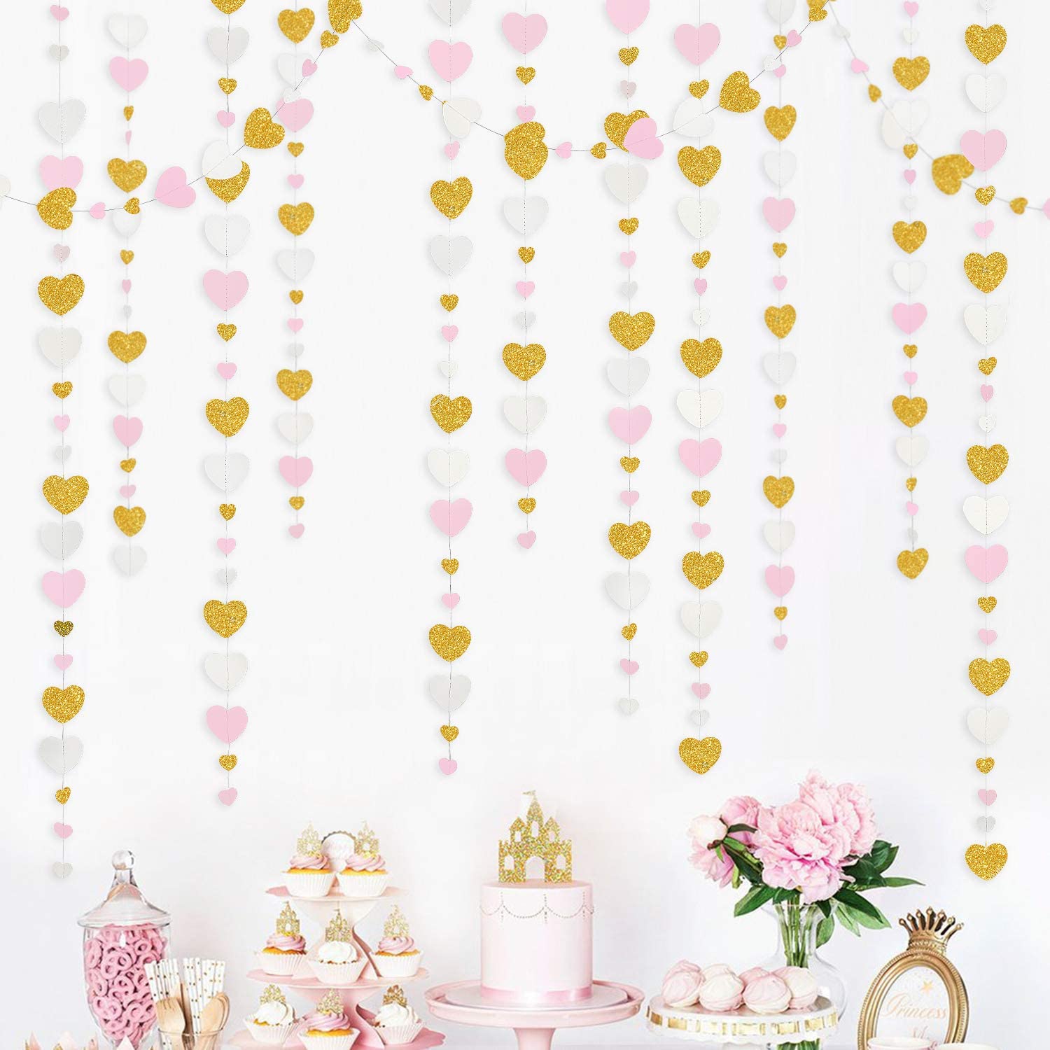 13Ft Papier Weiß Gold Liebe Herz Girlande Stromer Hängen für Bachelorette Hochzeit Braut Dusche Baby Geburtstag Party Dekorationen: Weiß Rosa Gold