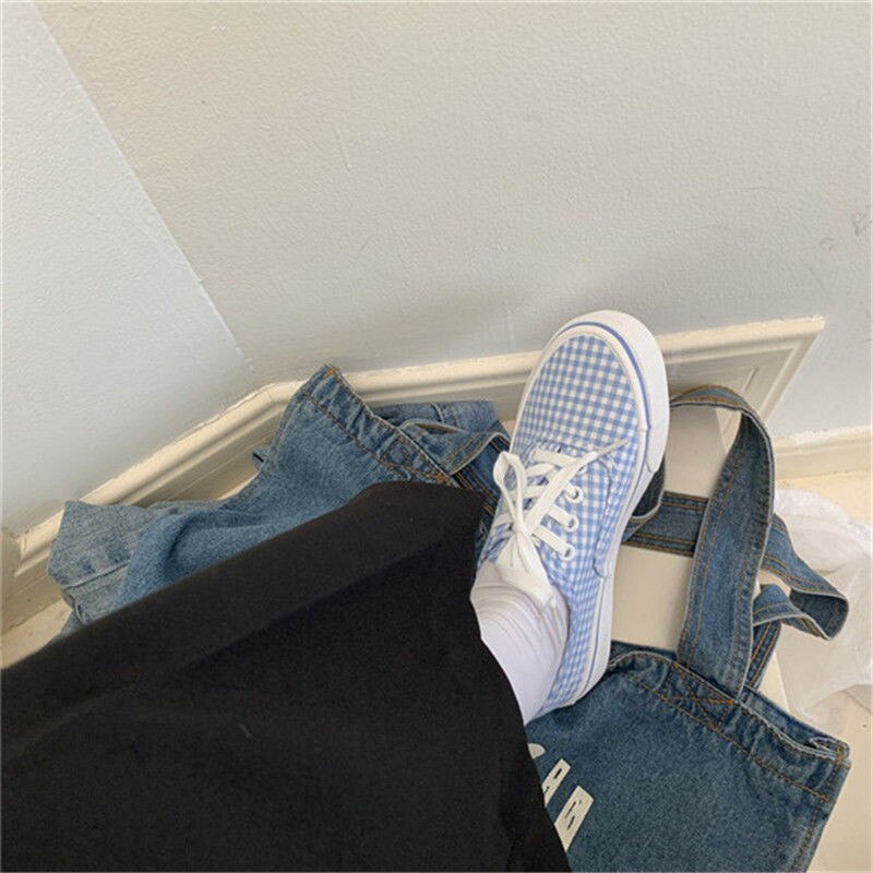 Chaussures en toile de damier bleu authentique pour femmes, baskets de skateboard, plates vulcanisées pour filles