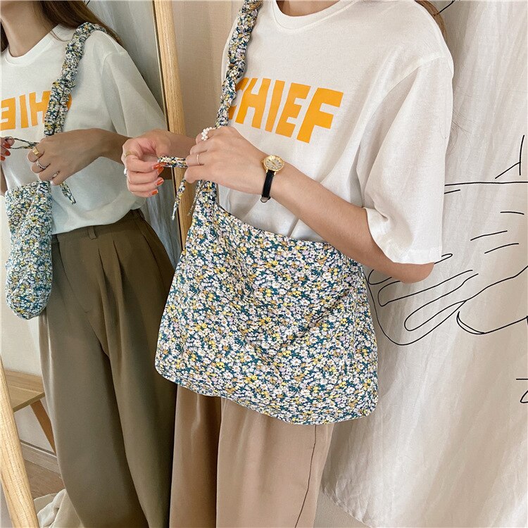 Small Floral Women Messenger Bags All-match Cotton Cloth Ladies Reusable Shopping Handbags Lovely Girls Korean Shoulder Bag: E