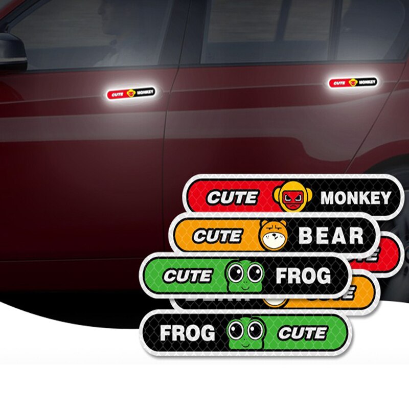 4pcs Cartoon Monkey Reflective Sticker Car Decal Frog Bear Animal Safety Warn Tape Scratch Modification Made with 3M