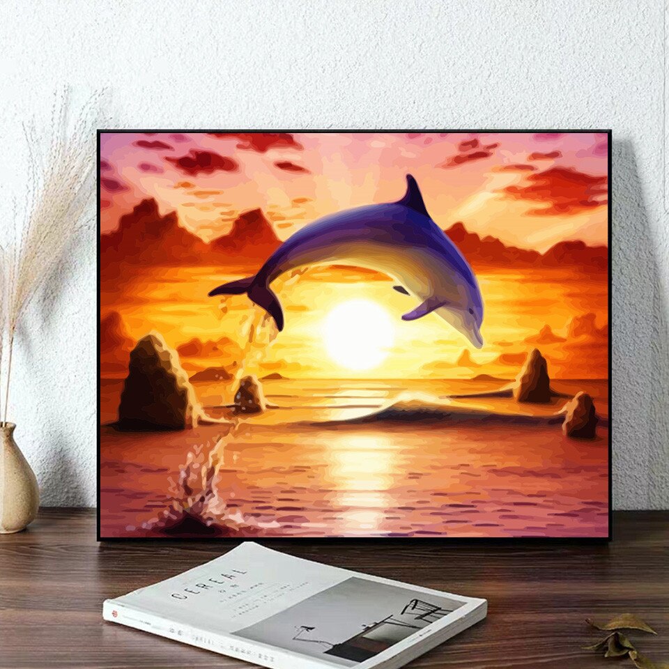 AZQSD Draw By Number On Canvas Dolphin Sunset DIY Pictures Oil Painting By Numbers Animal Home Decor HandPainted