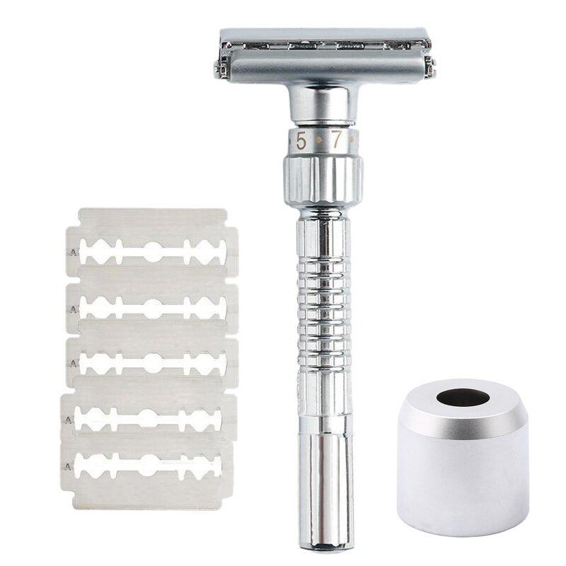 Navaja de afeitar con mango clásico, navaja con doble filo, con apertura trenzada en forma de T, ajuste frontal de 9 velocidades, Unisex, de 5 hojas