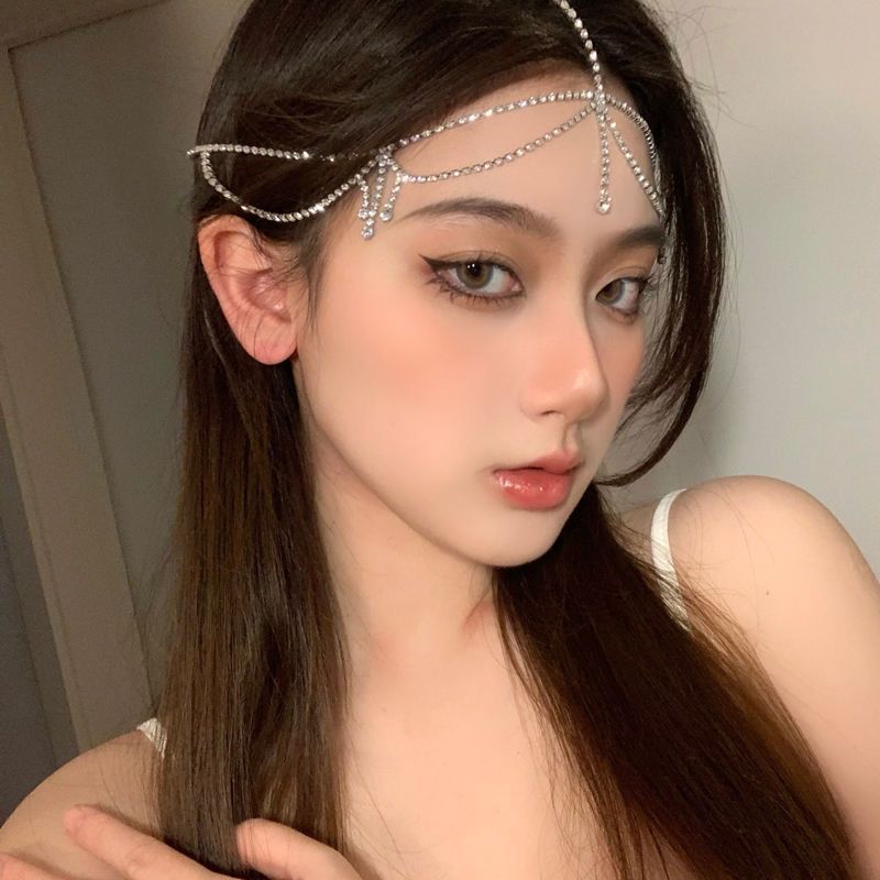 Accesorios para el cabello de joyería de lujo para mujer, cadena para la frente con borla de flores en forma de gota de agua, colgante para el cabello con piedras preciosas rojas sexys, horquilla: Azul