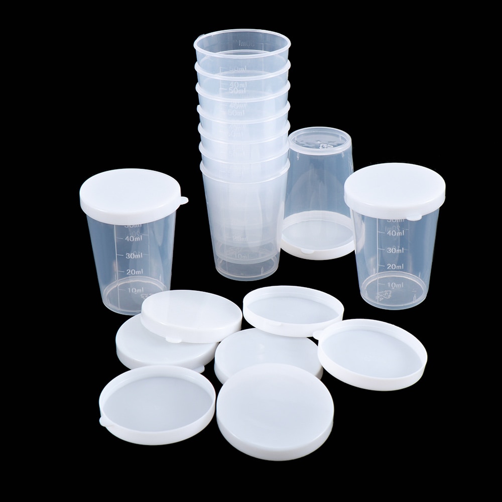 10Pcs 50 Ml Plastic Transparante Laboratorium Test Kalibratie Vloeistof Meten Kopjes Cup Container Met Deksel