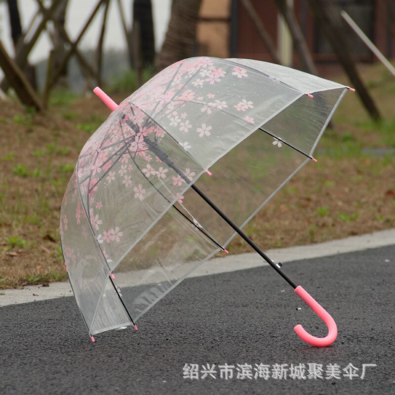 Japansk kirsebærblomst plastik paraply fortykning gennemsigtig paraply børn og voksen paraply med langt håndtag