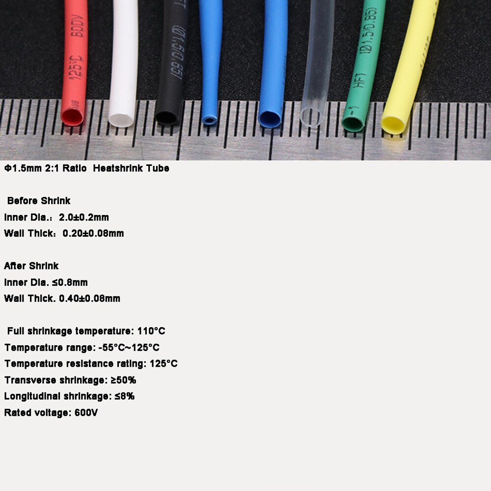 5meters 1.5mm Heat Shrink Tubing Shrinkable Heatshrink Tube Sleeves 2:1 White Black Red white/red/green/blue/Transparent/yellow