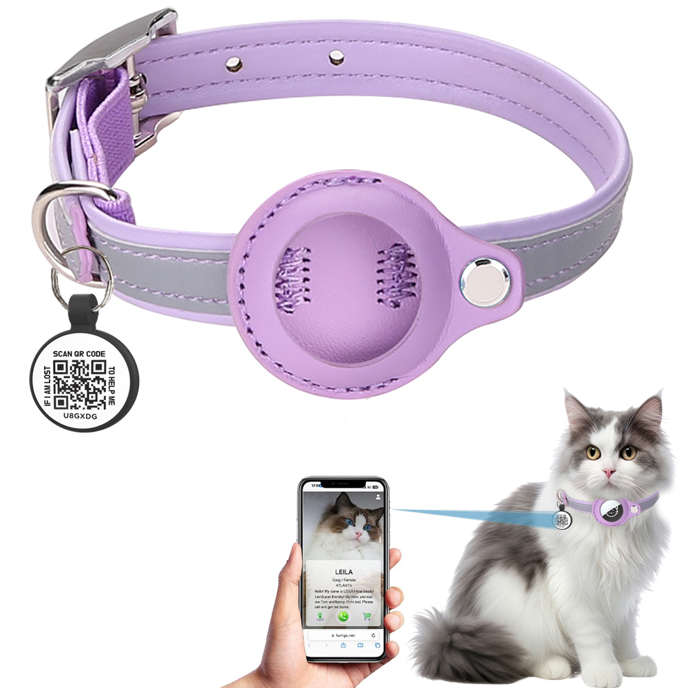 Airtag houder kattenhalsband met QR-tag, kattenaccessoires reflecterende PU lederen kittenhalsbanden, katten-ID-tag, elastische veiligheidsbanden: S / WHITE
