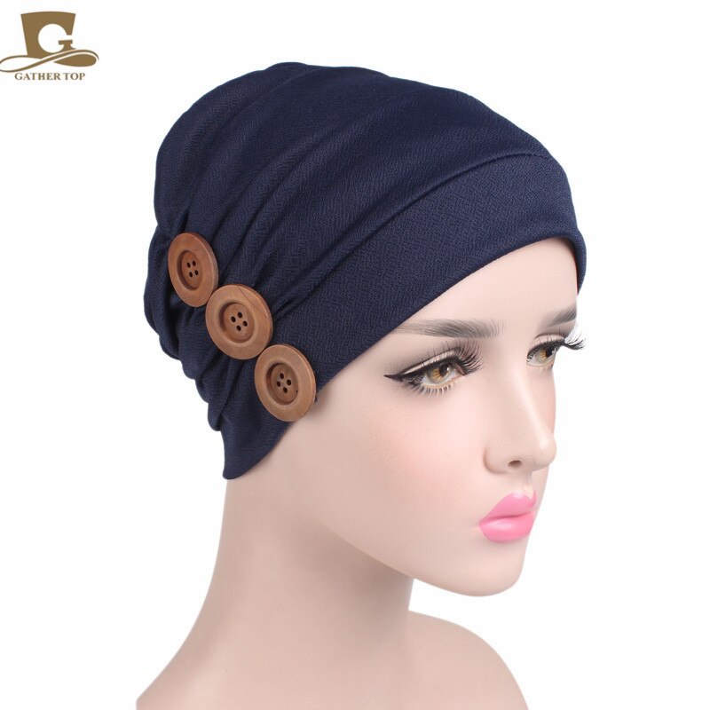 Luxe dames zachte chemo muts slaap tulband hoed voering voor kanker haaruitval drie houten knopen: Marineblauw
