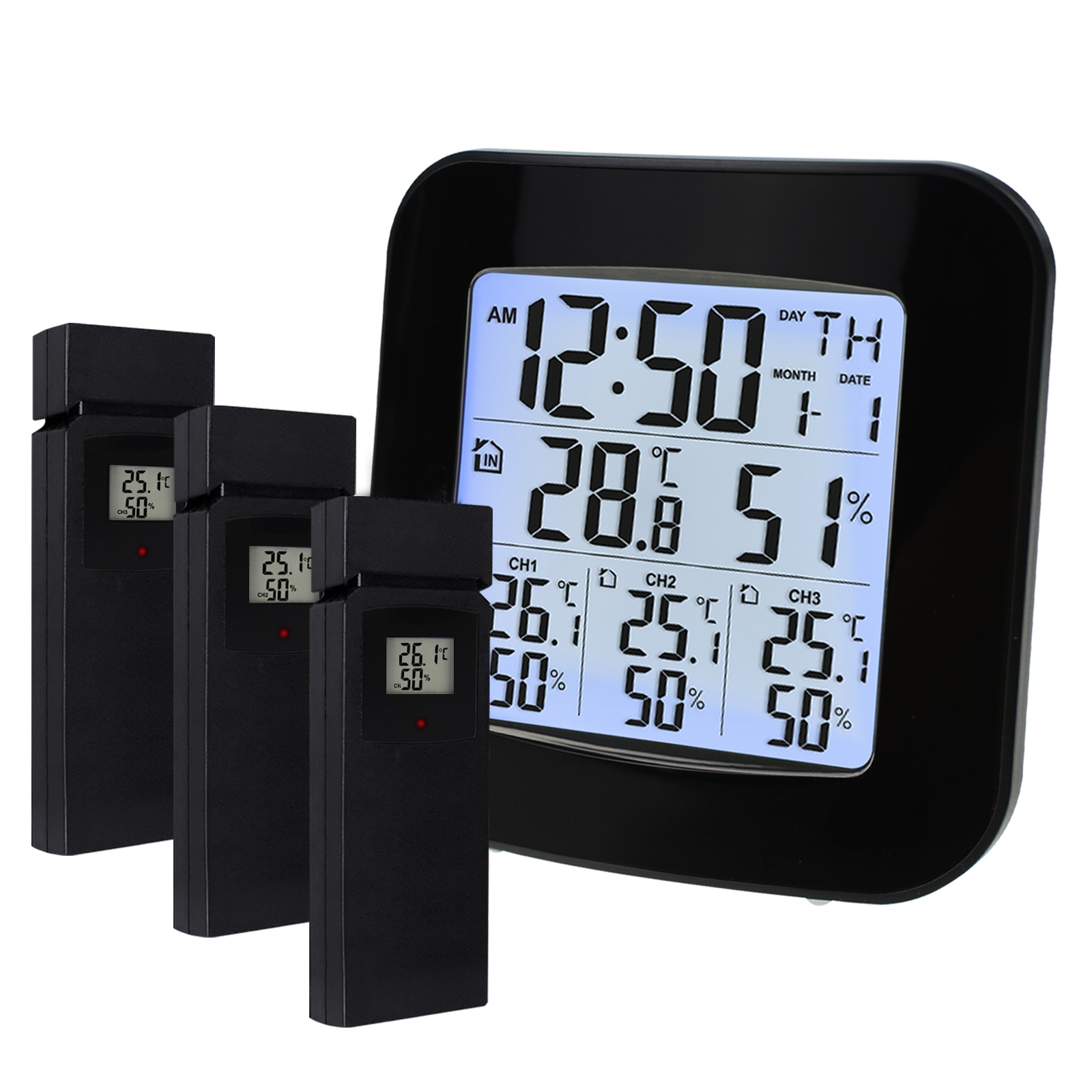 Vejrstation m / 3 indendørs / udendørs trådløse sensorer digitalt termometer hygrometer sort led lcd display temperatur og fugtighed