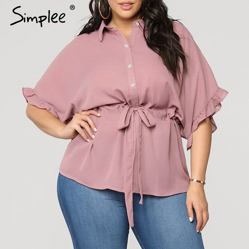 Simplee flæse plus size damebluse løse korte ærmer sashes kvindelige skjorte top afslappet kontor solide toppe og bluser
