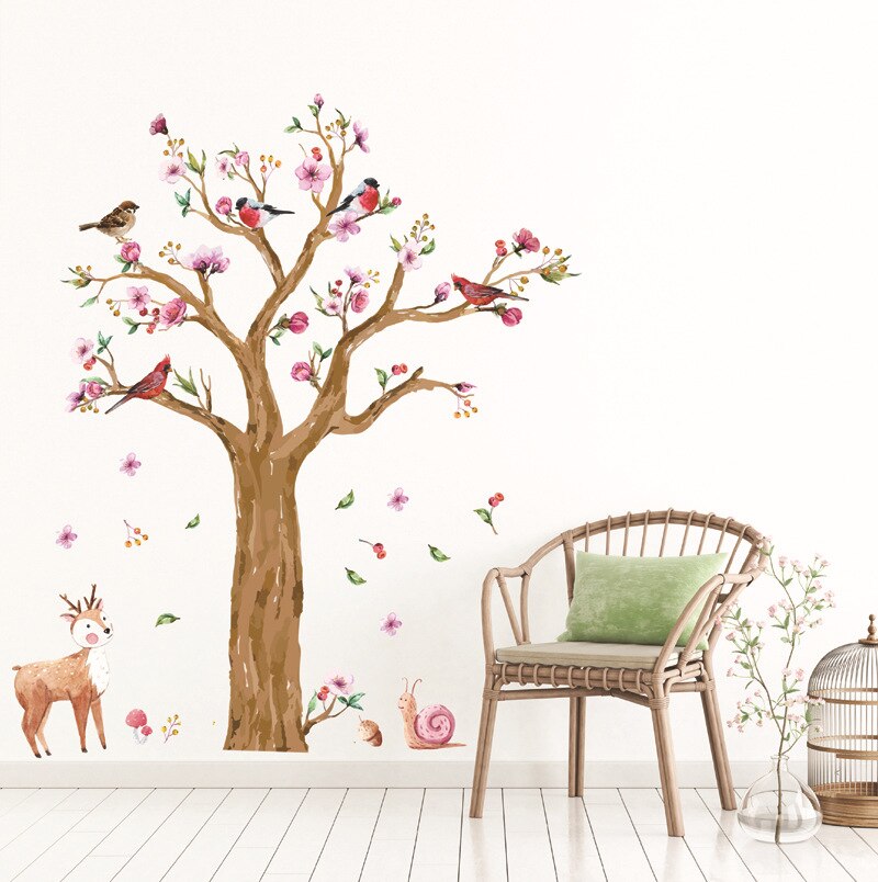 Cartoon Animals Tree wall sticker for Kids Room Hand Painted Birds Deer mamalook Lovely Flower Wall Decal mamalook