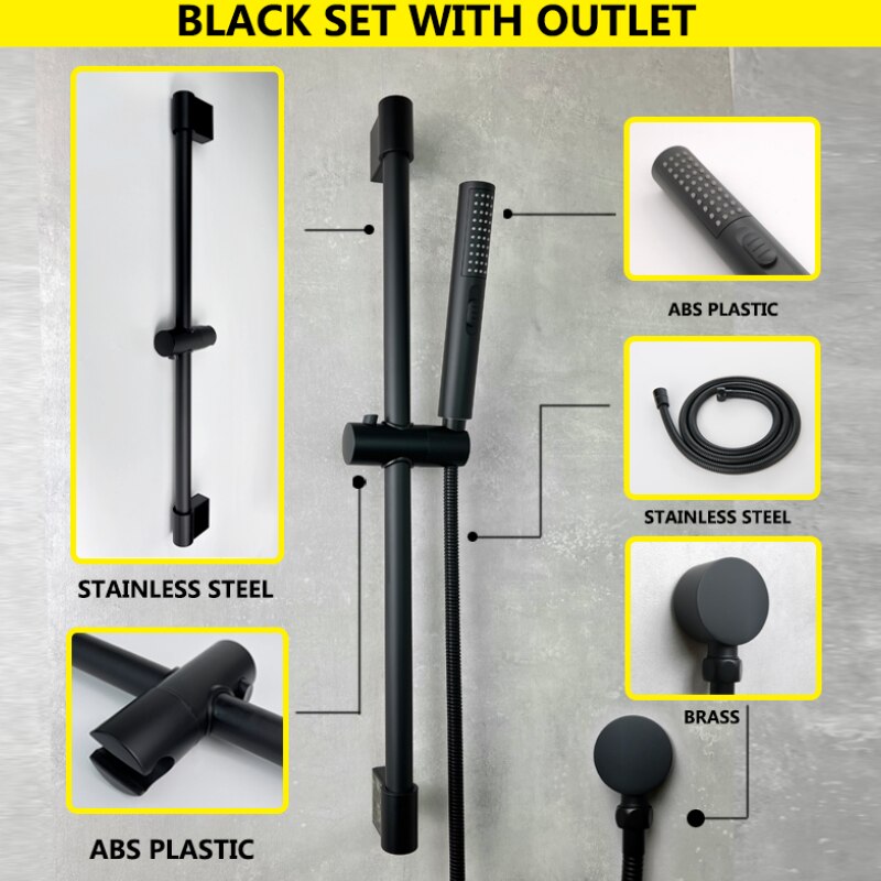 Shower Bar Set with Sliding Bar Solid Brass Outlet Connector 2 Functions Hand Shower 1.5m Hose Adjustable ABS Holder Matt Black: Black W Outlet