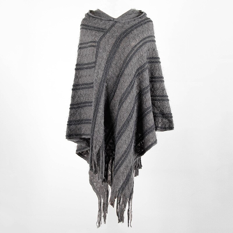 Otoño , manto con capucha para mujer, manto con flecos a rayas, suéter para mujer, Ponchos y capas casuales, ropa de invierno, prendas de vestir para mujer: Gris
