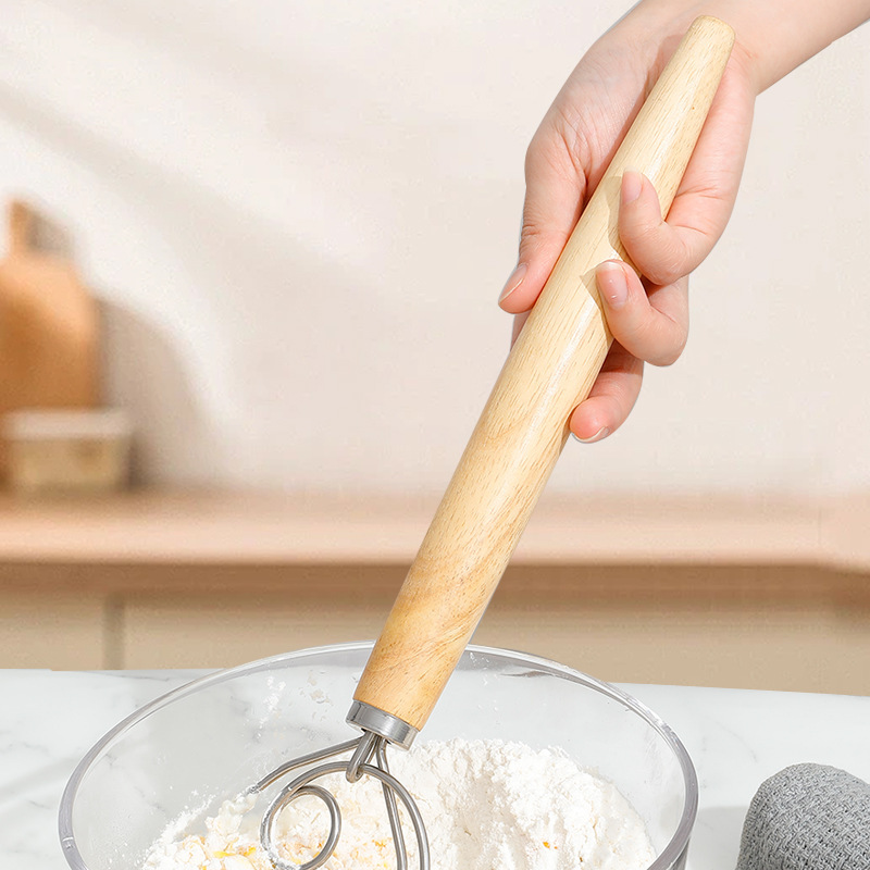 Fouet à pâte danois en acier inoxydable, style néerlandais, jxPâte à main, centre commercial, manche en bois, outils de cuisson de cuisine, mélangeur de pâte de façon spectaculaire