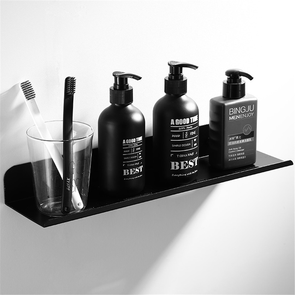 Black Shower Caddy Floating Bathroom Shelf Wall Mounted Bath Shelves Space Aluminum Bath Fixture Shampoo Accessories Storage