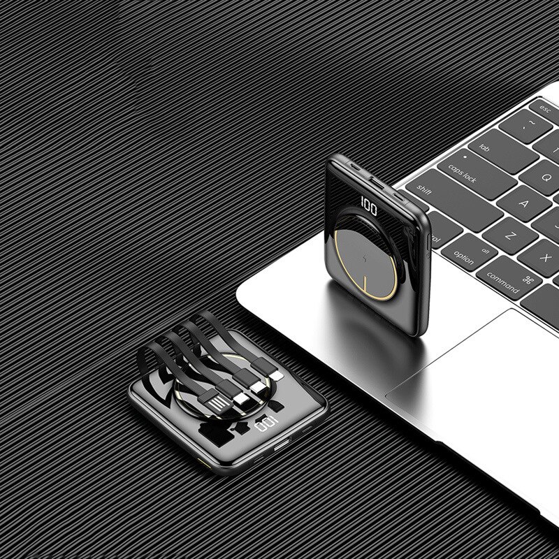 Powerbank 20000 mah bærbar qi trådløs oplader poverbank indbygget kabel eksternt batteri powerbank til iphone 12 11 xiaomi mi: Sort