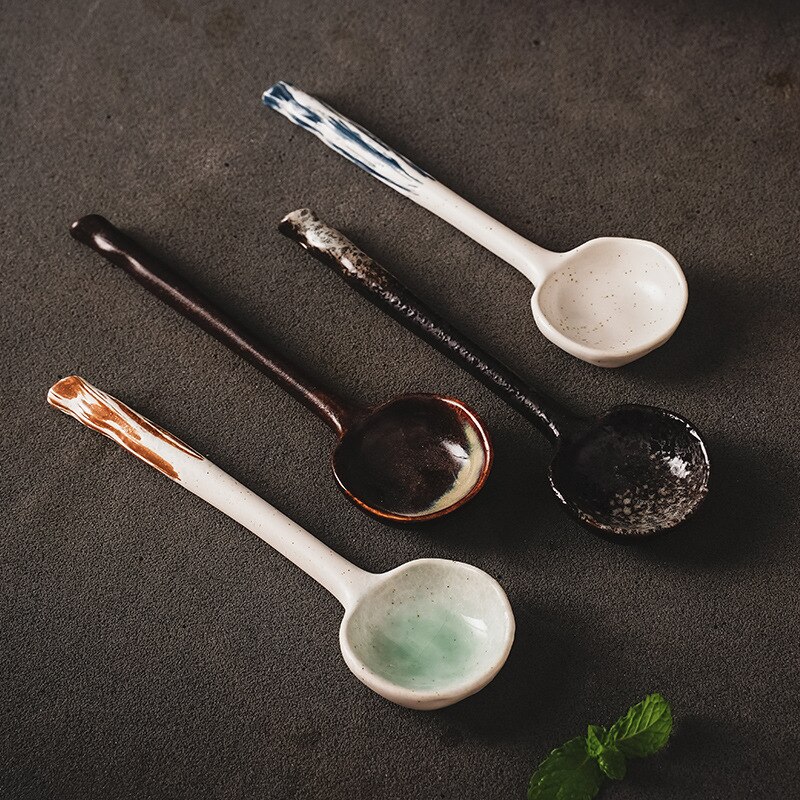 Ceramic Soup Spoon Japanese Tableware Eating Spoon Long handle Spoons Kitchen Cooking Utensil Tool Teaspoon For Kicthen