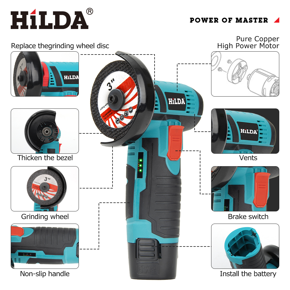 HILDA 12 V Mini-Winkelschleifer, Auto-Reparatur-Bürstenmotor, wiederaufladbar, zum Schneiden von Diamanten, kabelloses Elektrowerkzeug, Polieren und Schleifen