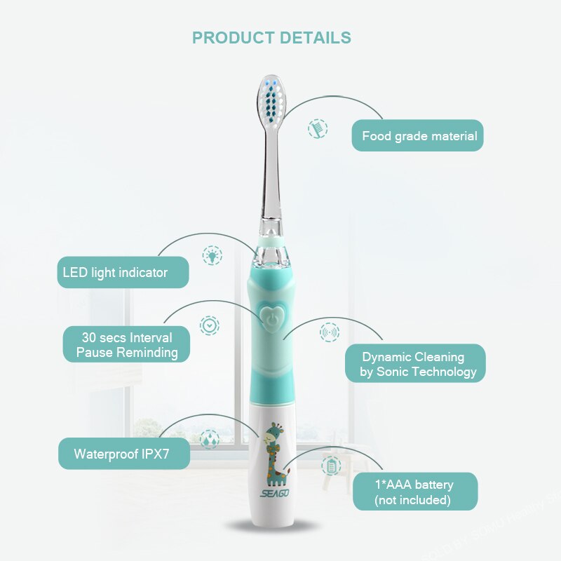 SEAGO-cepillo de dientes eléctrico para niños, dispositivo dental sónico, impermeable, automático, con luz LED, para 3-12 años