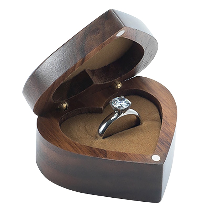 HLZS-Love Heart Shape Walnut Wooden Ring Box Solid Wood Decorative Jewellery Storage Box Engagement Box Proposal Anniversary Gif