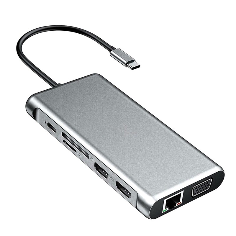 12 in 1 Type-C Video o HUB USB3.0 USB-C HDMI VGA RJ45 3.5mm SD TF Converter Laptop Docking Station Power Adapter: Default Title