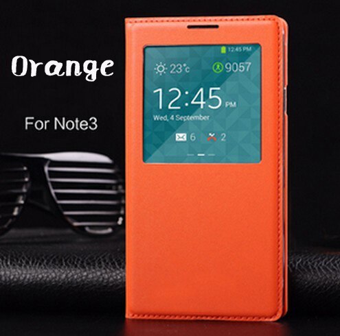 Flip Cover Leather Phone Case For Samsung Galaxy Note 3 Note3 Not III SM 9005 N900 N9005 SM-N900 SM-N9005 Smart View Sleep Wake: Orange