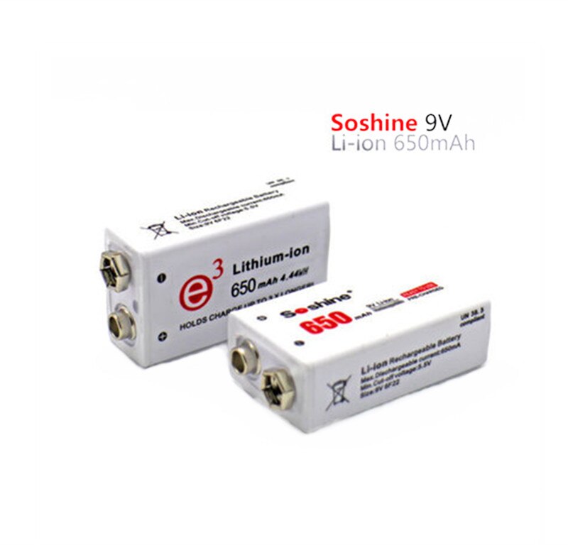 Soshine 1/2/4pcs 650mAh 9V 6F22 Li-ion Lithium Rechargeable Battery for Electronic Smoke Guitar: 2pcs