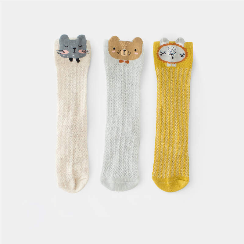 Balleenshiny 3pairs Long Tube Mesh Baby Socks for Boy Girls Knee High Anti-mosquito Socks Cartoon Animals Infant Floor Socks