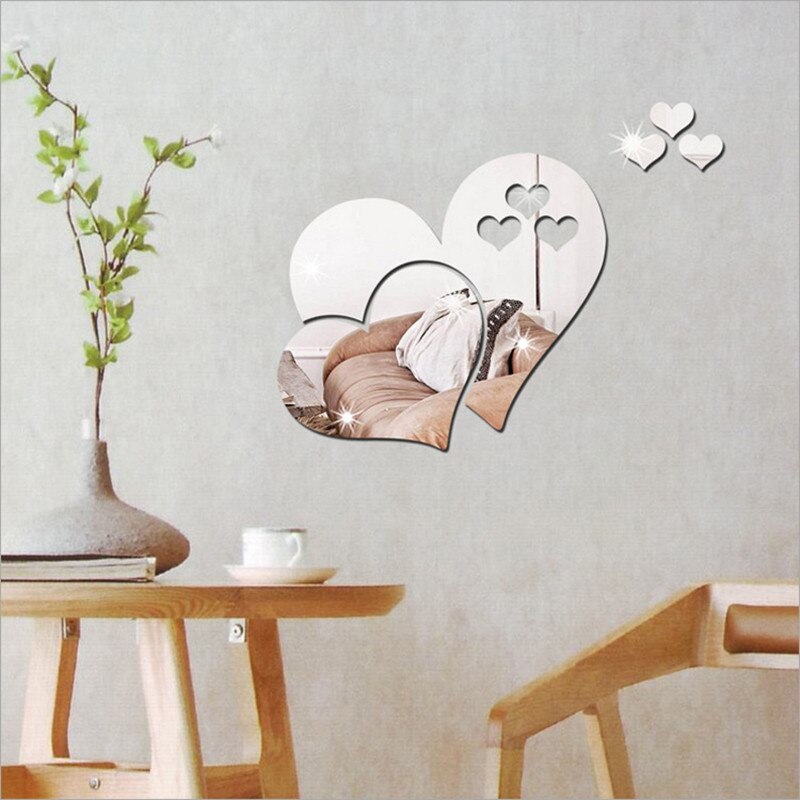 Espejo 3D adhesivo con de amor y corazón para pared, calcomanía artesanal, Mural artístico para habitación o casa, decoración de fondo de TV con patrones de bricolaje en forma de corazón extraíble: Plata