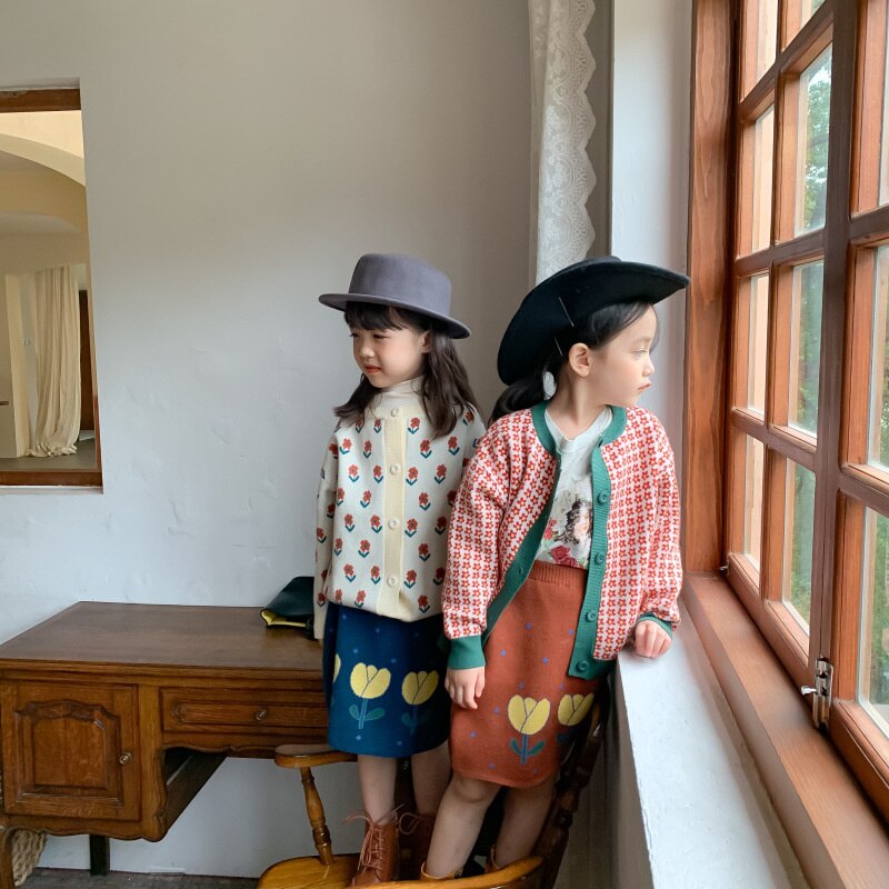 Moda Casual gonna bambino dolce carino motivo floreale cotone mezza lunghezza Faldas autunno ragazze maglieria dritta Faldas Cortas