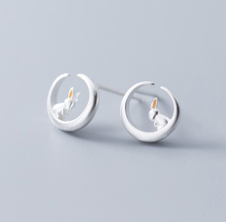 MloveAcc romantyczny 925 kolczyki sztyfty ze srebra wysokiej próza pomocą dla kobiet piękny królik siedzi na księżycu szterling-srebrny-biżuteria: żółty