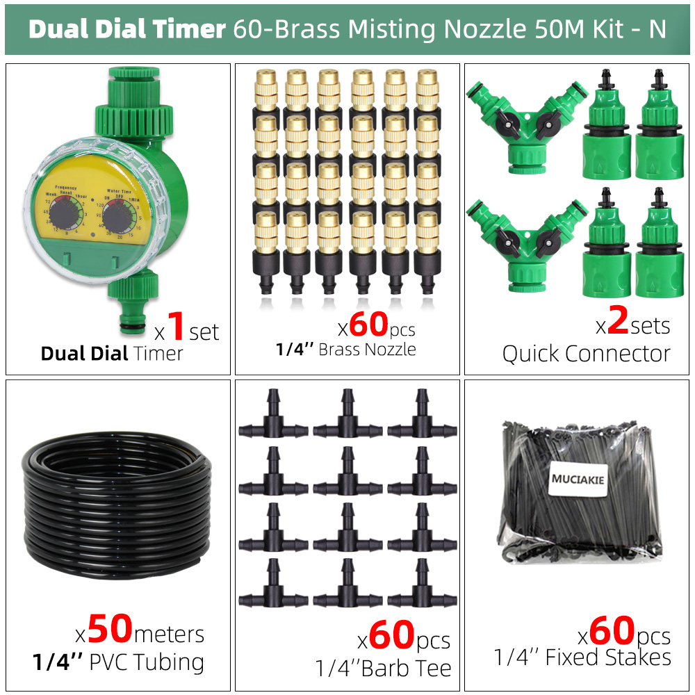 MUCIAKIE 10-50M Garden Irrigation System 1/4'' Automatic Drip Watering Brass Misting Spray 2-IN-1 Home Balcory Yard Greenhouse