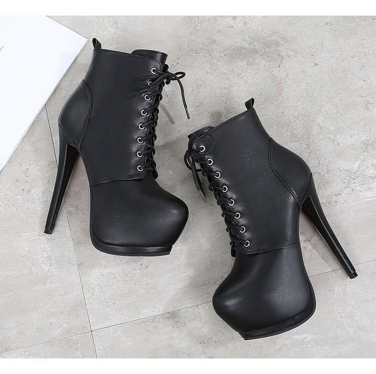 Botas plataforma com salto alto de 15 cm, salto muito alto, zíper lateral, laços, botas femininas para festa noturna, bota preta