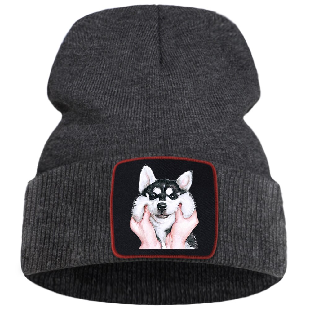 Belle mignon Husky chien Bonnet casquettes femmes hiver coton Skullies chapeau hommes en plein air Hip Hop Bonnet tricoté doux unisexe Beanie chapeaux: dark gray6