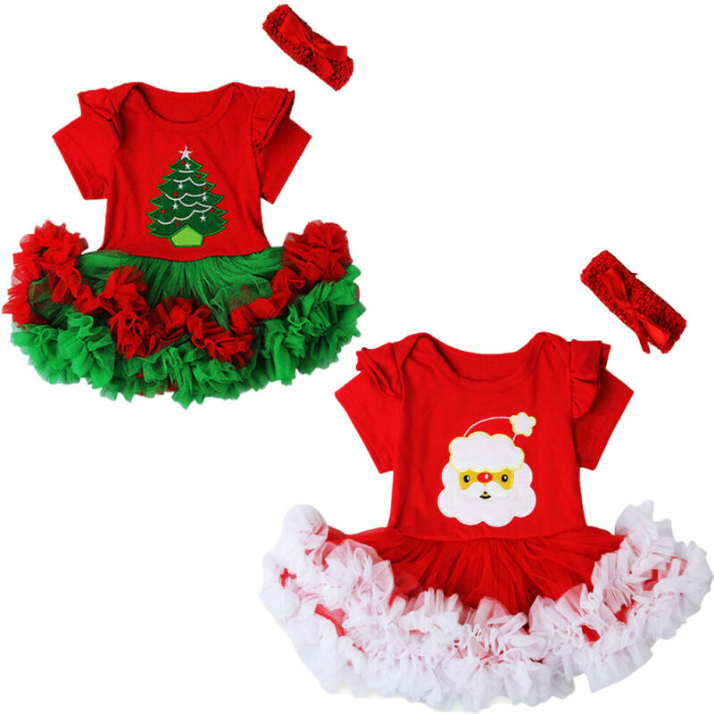 Baby Christmas Dress 2pcs Set Santa Claus Christmas Tree Newborn Baby Girls Tutu Dress + Headband Party Outfit Costume 0-18M