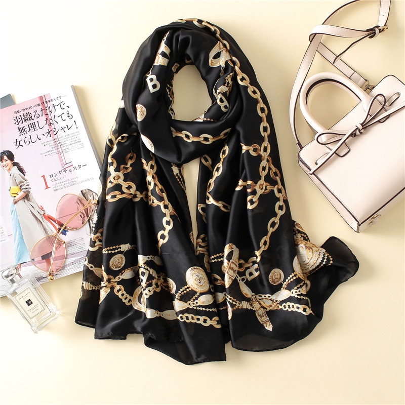 Høst 100%  silkeskjerf dame luksusmerke belter sjal og omslag foulard femme bandana mujer pluss størrelse 180cm: Svart farge