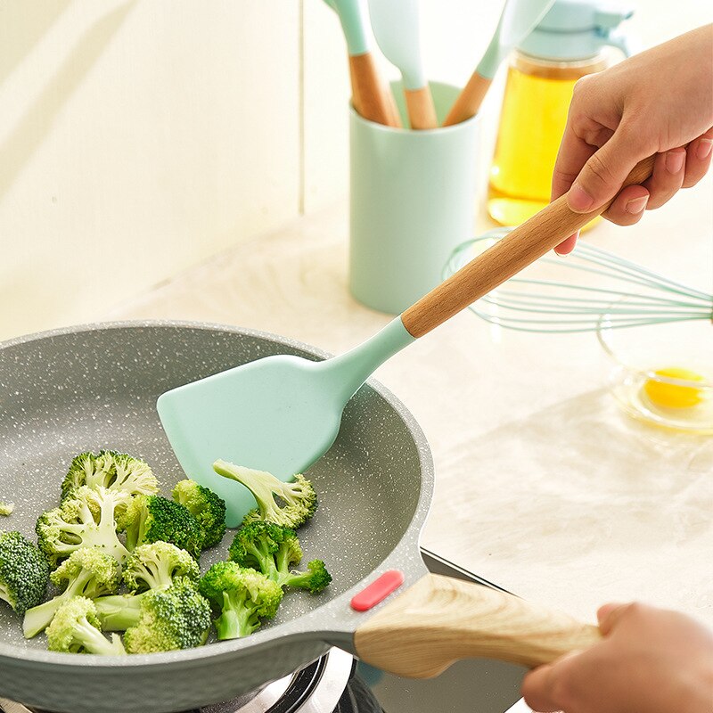 12pcs Mint Green Cooking Tools Premium Silicone Kitchen Cooking Utensils Set kitchen Non-stick Cookware spatula Colander