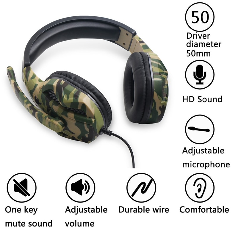 Auriculares profesionales de camuflaje para Gaming, auriculares montados estéreo para ordenador, para PS4, PS3, Xbox Switch, 3,5mm