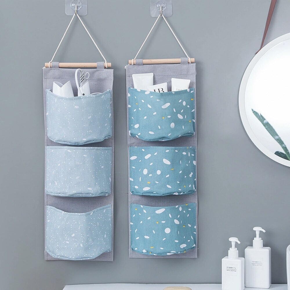 Cotton Linen 3 Pockets Hanging Storage Bag Door Back Wall Bedside Cabinet Grocery Hanging Organizers 
