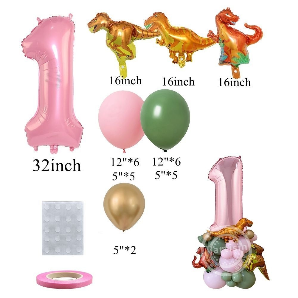 1 Juego de cajas de dulces de cartón con forma de torre de globos de dinosaurio rosa para niña, decoraciones para de feliz cumpleaños con temática de dinosaurio, suministro de