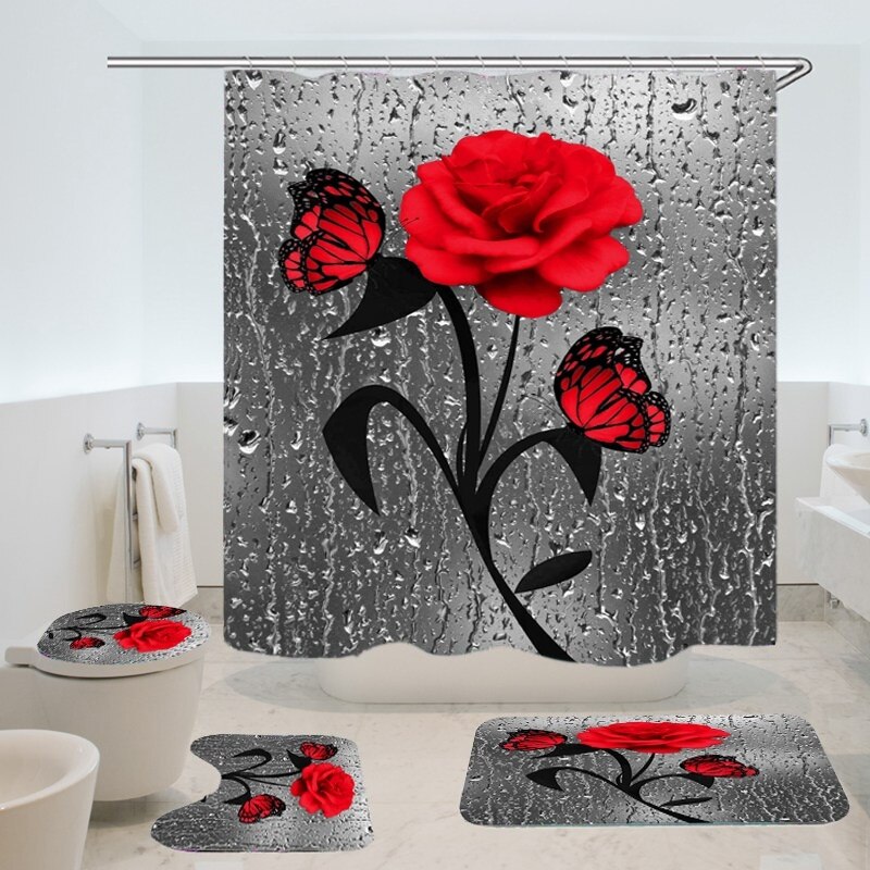 Rød rose & sommerfugl badeværelse skridsikker måttesæt holdbart vandtæt bruseforhæng sæt piedestal tæppe låg toiletdæksel bademåtte tæpper