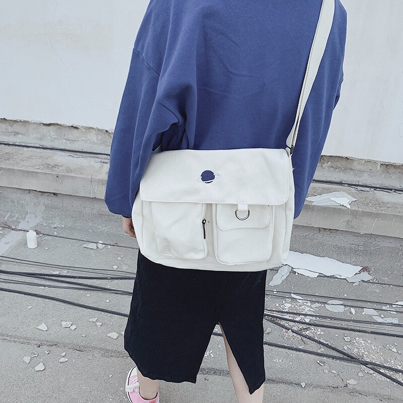 Simple Moon Large Capacity Messenger Handbags Harajuku Casual Ulzzang Women&#39;s College Shoulder Bags Canvas Chic Crossbody Bags: white Planet