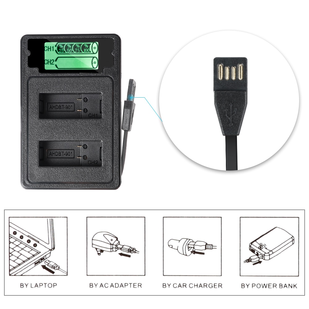 For gopro hero 9 svart tokanals batterilader lcd-skjerm type c ladekabel for gopro 9 tilbehør